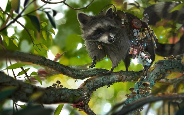 Fantasy Child Little Girl Raccoon Branch HD Wallpaper | Background Image