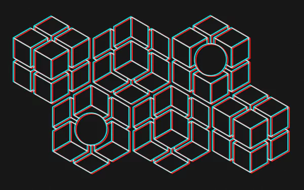 Minimalist glitch-art HD PC desktop wallpaper and background: interconnected outlined cubes in cyan/red offset, abstract mind-teaser geometry.