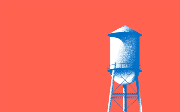 Minimalist artistic HD PC desktop wallpaper featuring a stylized blue water tower against a vibrant coral background.
