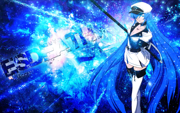 HD wallpaper featuring Esdeath from Akame ga Kill!. Esdeath has long blue hair, blue eyes, and wears a uniform with thigh boots and a hat, depicted against a dynamic, cosmic background.