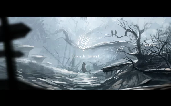 Anime-style HD desktop wallpaper from Pixiv Fantasia Fallen Kings, featuring a solitary figure in a misty, eerie landscape with barren trees and a muted color palette.