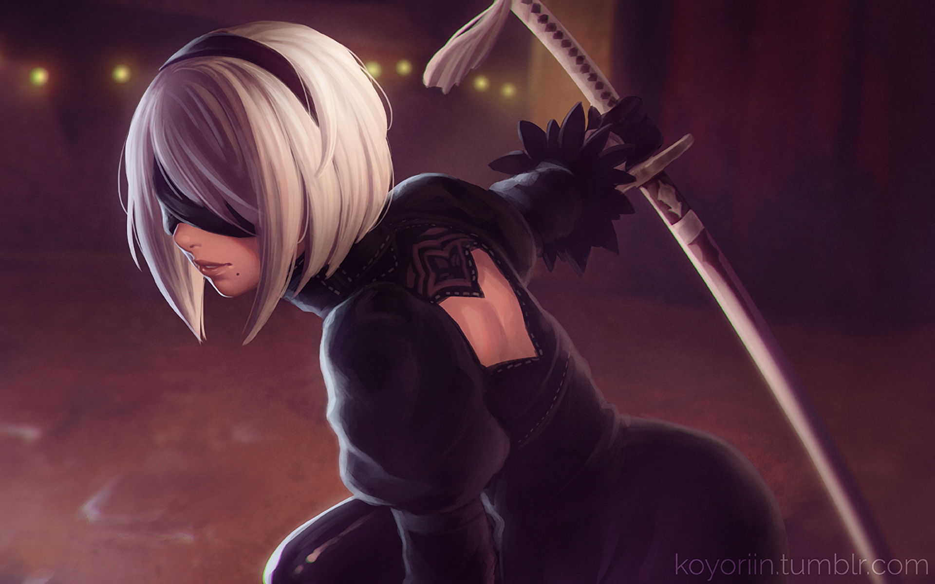 HD desktop wallpaper featuring YoRHa No.2 Type B from NieR: Automata, showcasing her short white hair, black blindfold, and katana. She wears a black dress in a dramatic, dimly-lit scene.