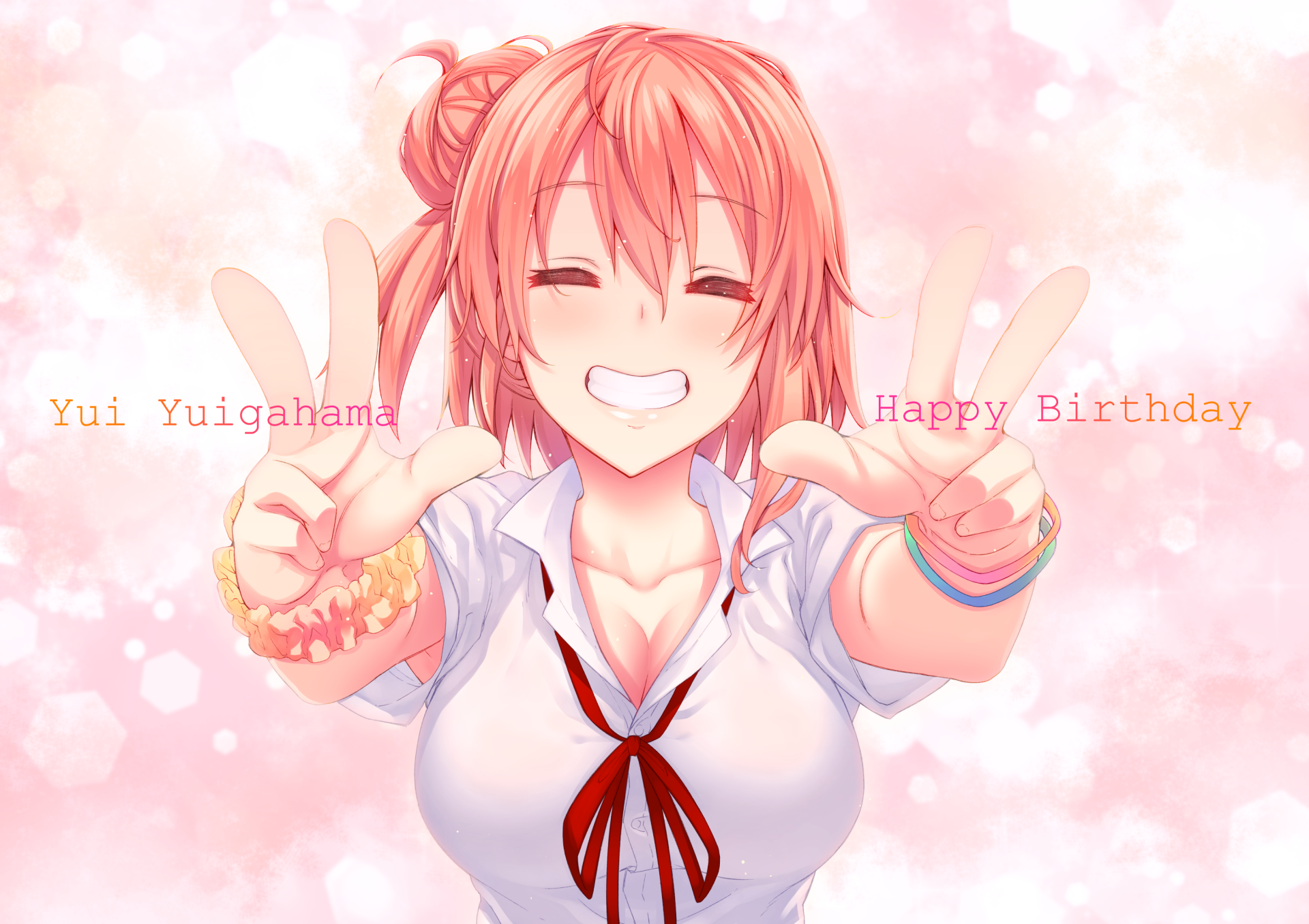 A vibrant HD wallpaper featuring Yui Yuigahama from My Teen Romantic Comedy SNAFU, joyfully celebrating with a friendly smile and playful gestures, alongside a Happy Birthday message.