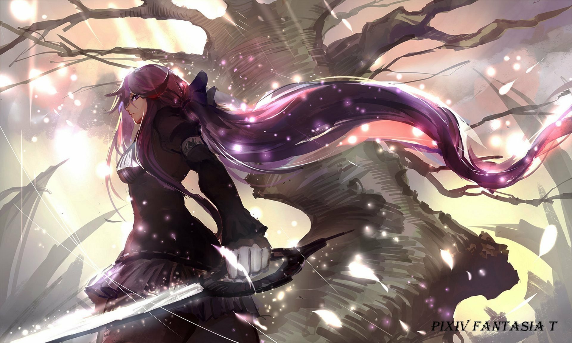 A fierce woman warrior with long purple hair wields a sword, standing against a mystical backdrop of a tree, showcasing a captivating anime style from Pixiv Fantasia T.