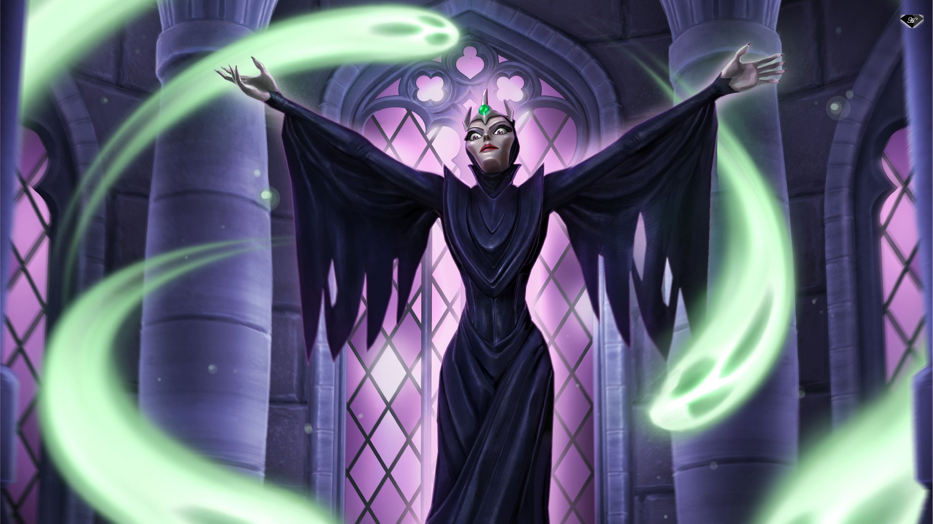 HD PC desktop wallpaper from the video game Castle of Illusion Starring Mickey Mouse: the dark sorceress Mizrabel raises her arms in a gothic hall as green magical swirls surround her.