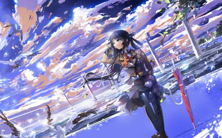 A vibrant HD wallpaper featuring Miuna Shiodome from the anime Nagi no Asukara, set against a stunning sunset backdrop with swirling colors and a serene atmosphere.