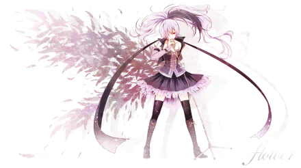 HD PC desktop wallpaper of Flower (Vocaloid): anime girl with long pale hair, frilled black-and-purple dress, flowing ribbons and feather-like petals fanning behind her on a soft white background.