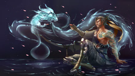 HD desktop wallpaper featuring Hanzo from Overwatch, showcasing the character in an artistic and detailed scene with ethereal blue dragons and a mystical atmosphere.