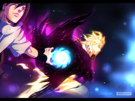 Naruto Uzumaki and Sasuke Uchiha in a vibrant anime HD desktop wallpaper, featuring elements like Rasengan, Sage of Six Paths, and Mangekyō Sharingan from Naruto.