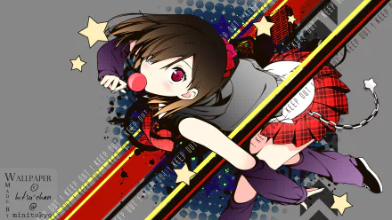 HD anime original artwork featuring a dynamic female character with red eyes, dark hair, and a red plaid skirt against a vibrant, graphic background.