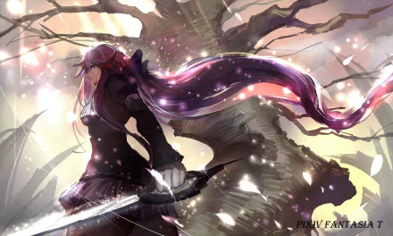 A fierce woman warrior with long purple hair wields a sword, standing against a mystical backdrop of a tree, showcasing a captivating anime style from Pixiv Fantasia T.