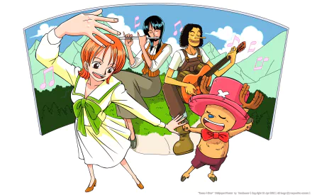 HD anime wallpaper featuring One Piece characters Nami, Nico Robin, Usopp, and Tony Tony Chopper joyfully playing music together outdoors.