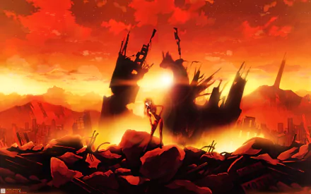 HD PC desktop wallpaper featuring Asuka Langley Sohryu from the anime Evangelion: 2.0 You Can (Not) Advance, standing amid a fiery, devastated cityscape at sunset.