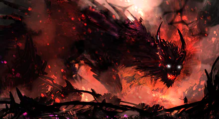 HD fantasy wallpaper featuring a fierce, dark dragon with glowing eyes and spiked wings, set against a fiery, mystical background.