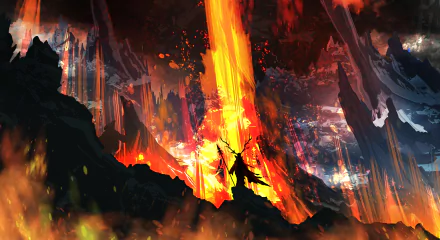 A striking fantasy scene featuring a shaman silhouetted against a backdrop of roaring flames and molten colors, creating a compelling and immersive desktop wallpaper.