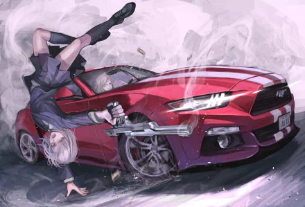Anime-style HD PC desktop wallpaper featuring a dynamic scene with a character named Destro 246 performing an acrobatic move near a sleek red sports car.