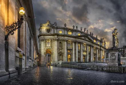 St. Peter's Basilica stands majestically against a dramatic sky, showcasing its stunning architecture. The image captures the grandeur of this religious site in a vibrant city square.