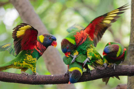 A vibrant group of rainbow lorikeets perched on a branch, showcasing their colorful plumage in a lush tree setting, making for an eye-catching desktop wallpaper.