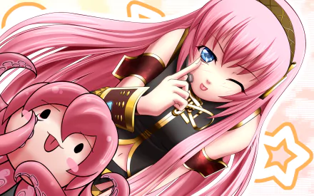 HD anime desktop wallpaper featuring Luka Megurine from Vocaloid with long pink hair and a playful wink, accompanied by a cute Tako Luka octopus character.