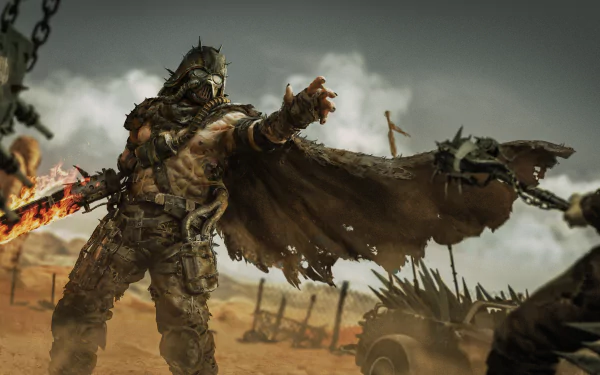 A fierce warrior wielding a sword stands in a desolate landscape, blending elements of Darth Vader and Mad Max in this striking HD sci-fi wallpaper. A dramatic scene unfolds with a dystopian vibe.