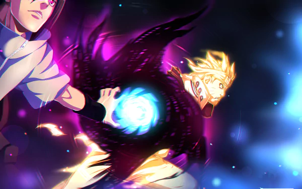 Naruto Uzumaki and Sasuke Uchiha in a vibrant anime HD desktop wallpaper, featuring elements like Rasengan, Sage of Six Paths, and Mangekyō Sharingan from Naruto.