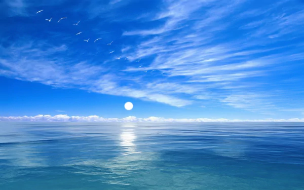 HD desktop wallpaper showing a serene blue ocean horizon under a sky with wispy clouds, a bright moon, and seagulls flying above the calm sea.