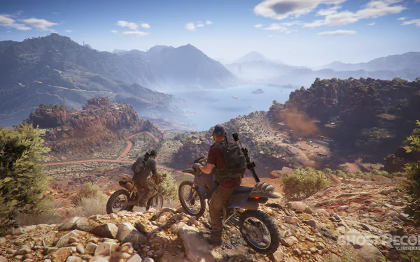 4K Ultra HD PC desktop wallpaper from the video game Tom Clancy’s Ghost Recon Wildlands, featuring two characters on dirt bikes overlooking a vast mountainous landscape.