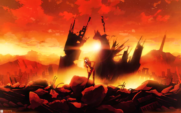 HD PC desktop wallpaper featuring Asuka Langley Sohryu from the anime Evangelion: 2.0 You Can (Not) Advance, standing amid a fiery, devastated cityscape at sunset.