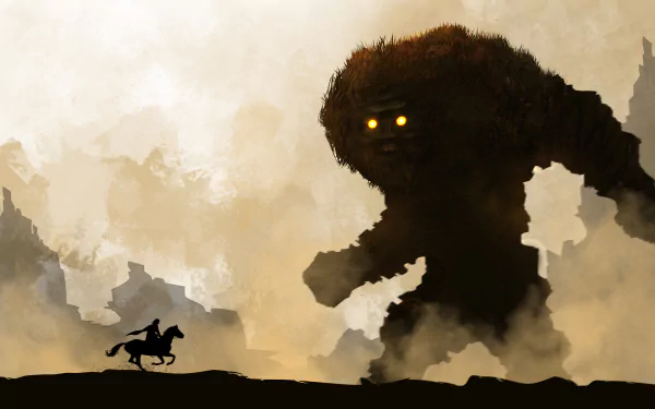 A towering fantasy giant creature with glowing eyes looms over a lone horseback rider in a dramatic 4K Ultra HD PC desktop wallpaper scene.