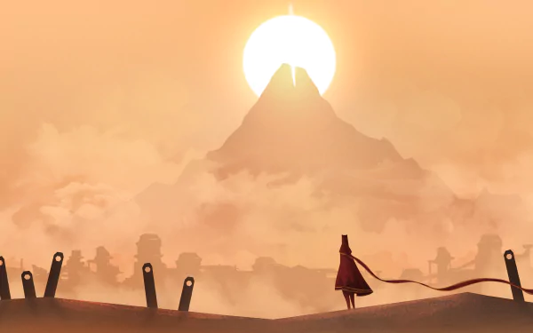 A serene landscape featuring a mountain at sunset, enveloped in warm hues. A figure embarks on a journey, reminiscent of a captivating video game world. High-definition wallpaper.