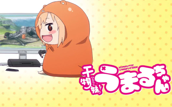 HD desktop wallpaper featuring Umaru Doma from the anime Himouto! Umaru-chan, wearing her iconic orange hoodie and playing video games, with a yellow polka-dot background and the anime title in Japanese.