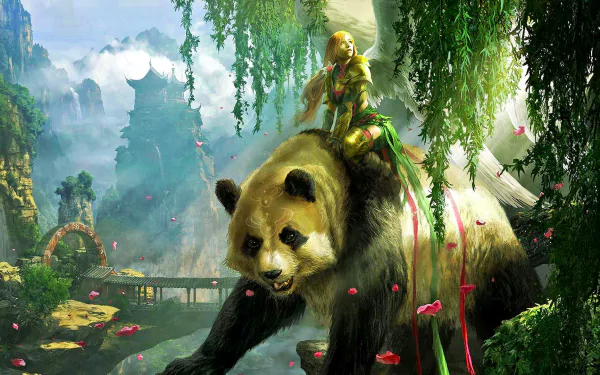 A majestic panda carries an angelic figure through a lush, fantasy landscape, adorned with vibrant flowers and mystical elements, creating a captivating HD desktop wallpaper.