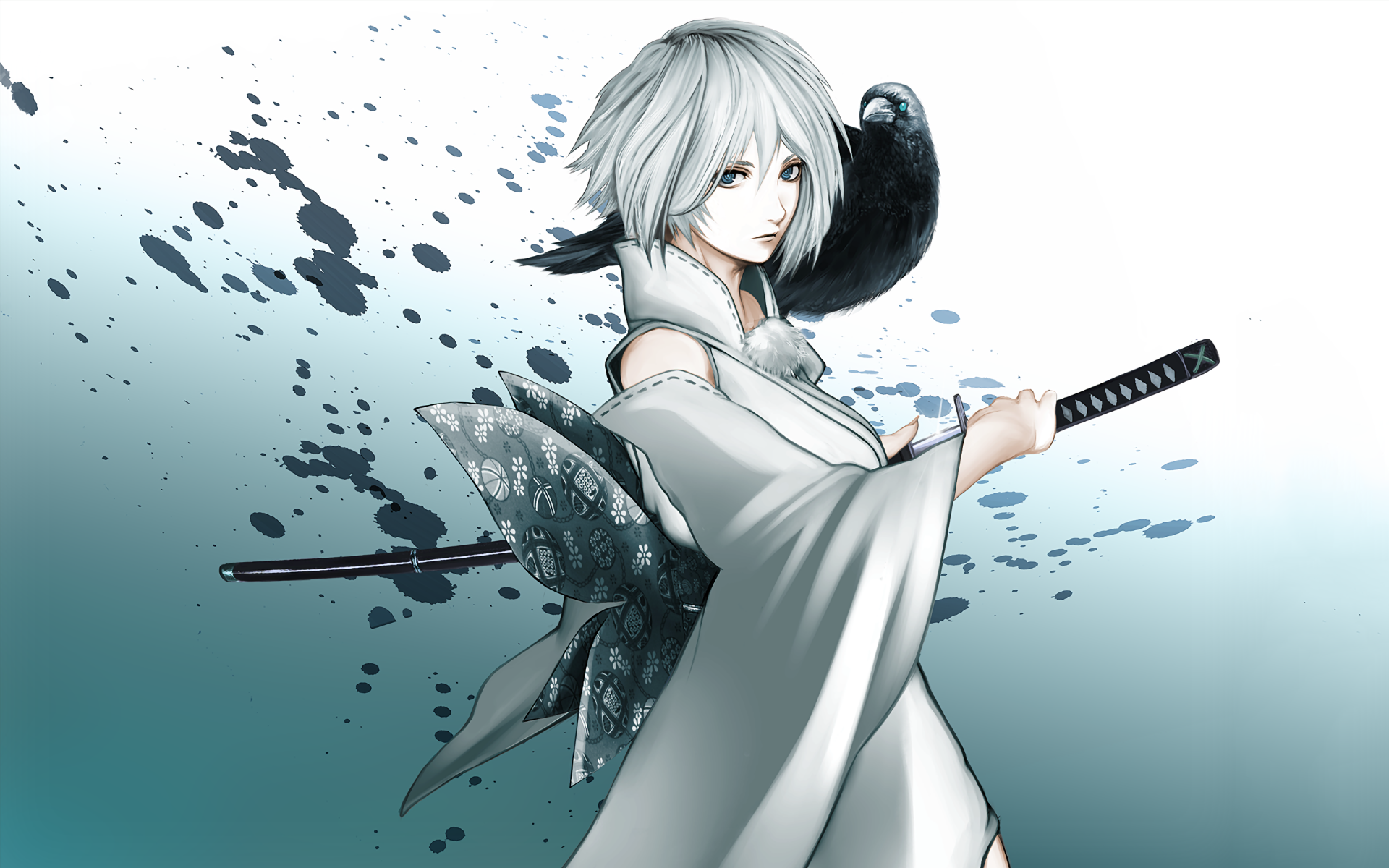 An original anime-style HD wallpaper featuring a character with short white hair, holding a sword, accompanied by a crow against a backdrop of splattered ink.