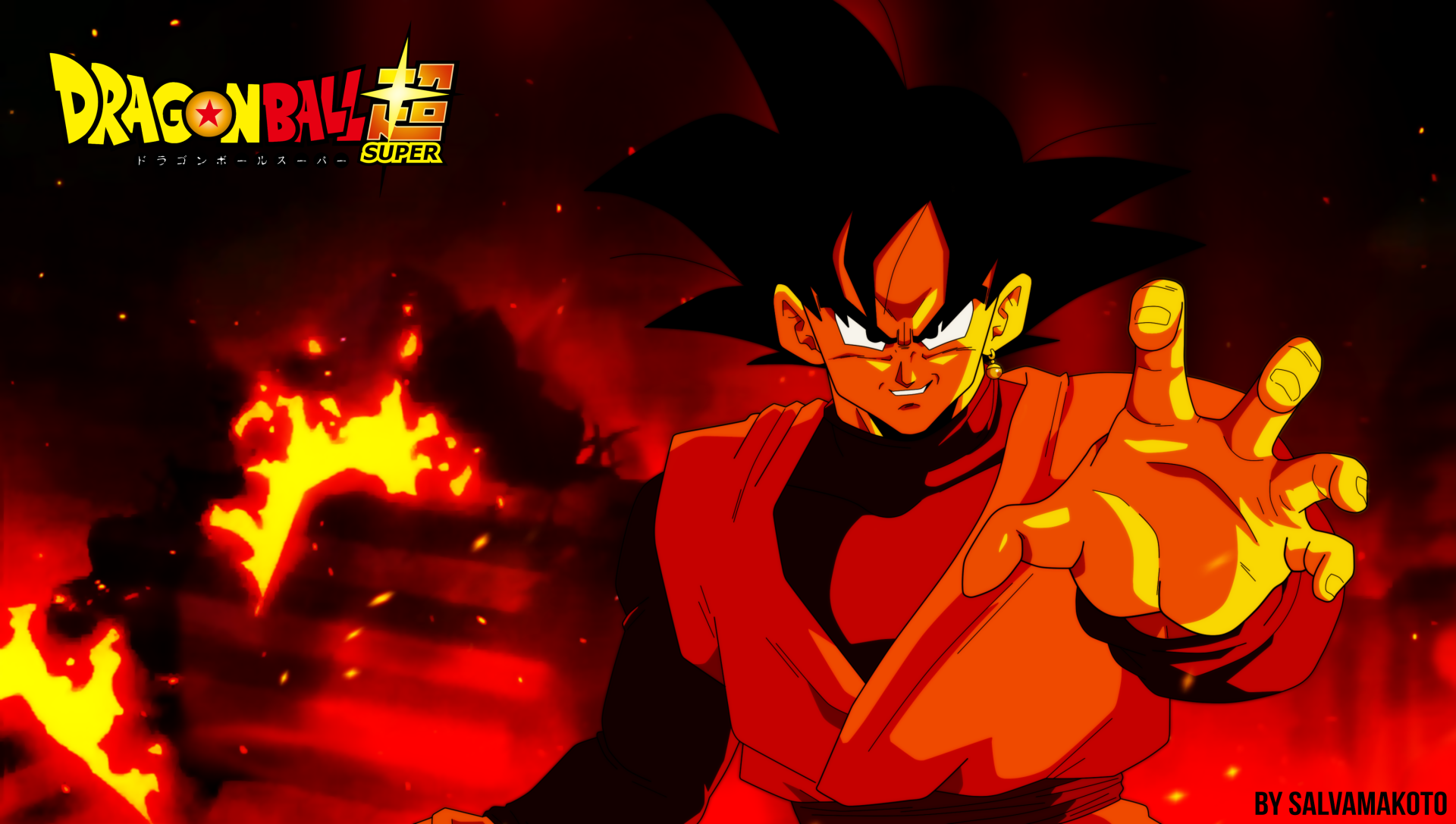 HD desktop wallpaper featuring Black Goku from Dragon Ball Super. The anime character stands with a fierce expression, reaching out his hand, set against a fiery red and black background.