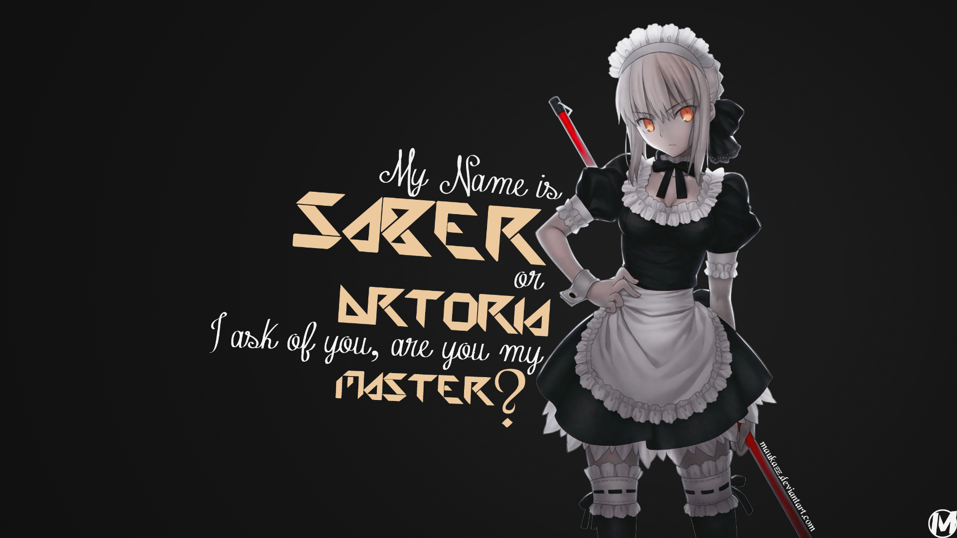 HD anime desktop wallpaper featuring Saber from Fate/Stay Night dressed as a maid, holding a sword with a dark background and stylized text integrating her name.