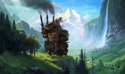 HD desktop wallpaper of Howl's Moving Castle from the anime, showcasing the intricate moving castle in a lush, mountainous landscape with a waterfall in the background.