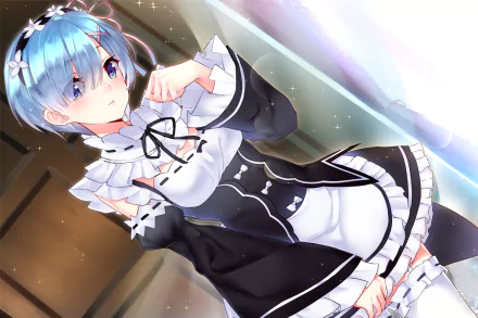 HD wallpaper featuring Rem from Re:Zero - Starting Life in Another World. She has blue hair, blue eyes, a headband, short hair, and blush, dressed in a maid outfit with a charming, slightly shy expression.