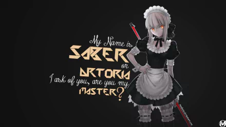 HD anime desktop wallpaper featuring Saber from Fate/Stay Night dressed as a maid, holding a sword with a dark background and stylized text integrating her name.