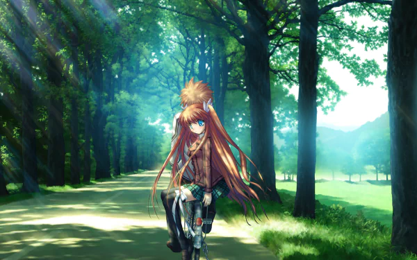 HD PC desktop wallpaper featuring Chihaya Ohtori from the anime Rewrite, depicted in a serene forest pathway with sunlight filtering through the trees.
