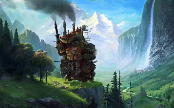 HD desktop wallpaper of Howl's Moving Castle from the anime, showcasing the intricate moving castle in a lush, mountainous landscape with a waterfall in the background.