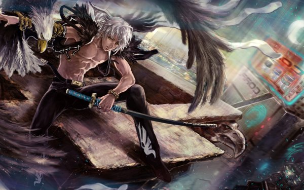 Anime Original Katana Eagle White Hair Warrior HD Wallpaper | Background Image