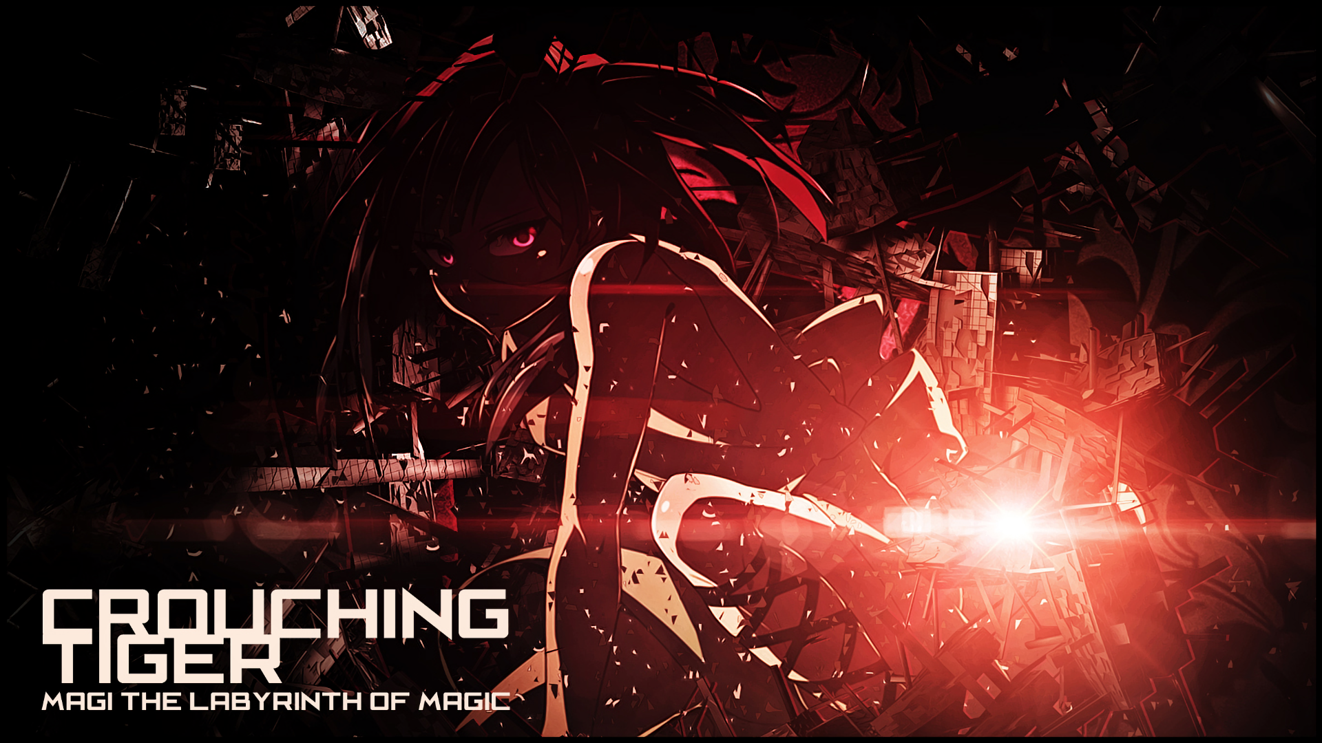 HD PC desktop wallpaper featuring Morgiana from the anime Magi: The Labyrinth of Magic, with a dark, fiery aesthetic and dynamic lighting effects.