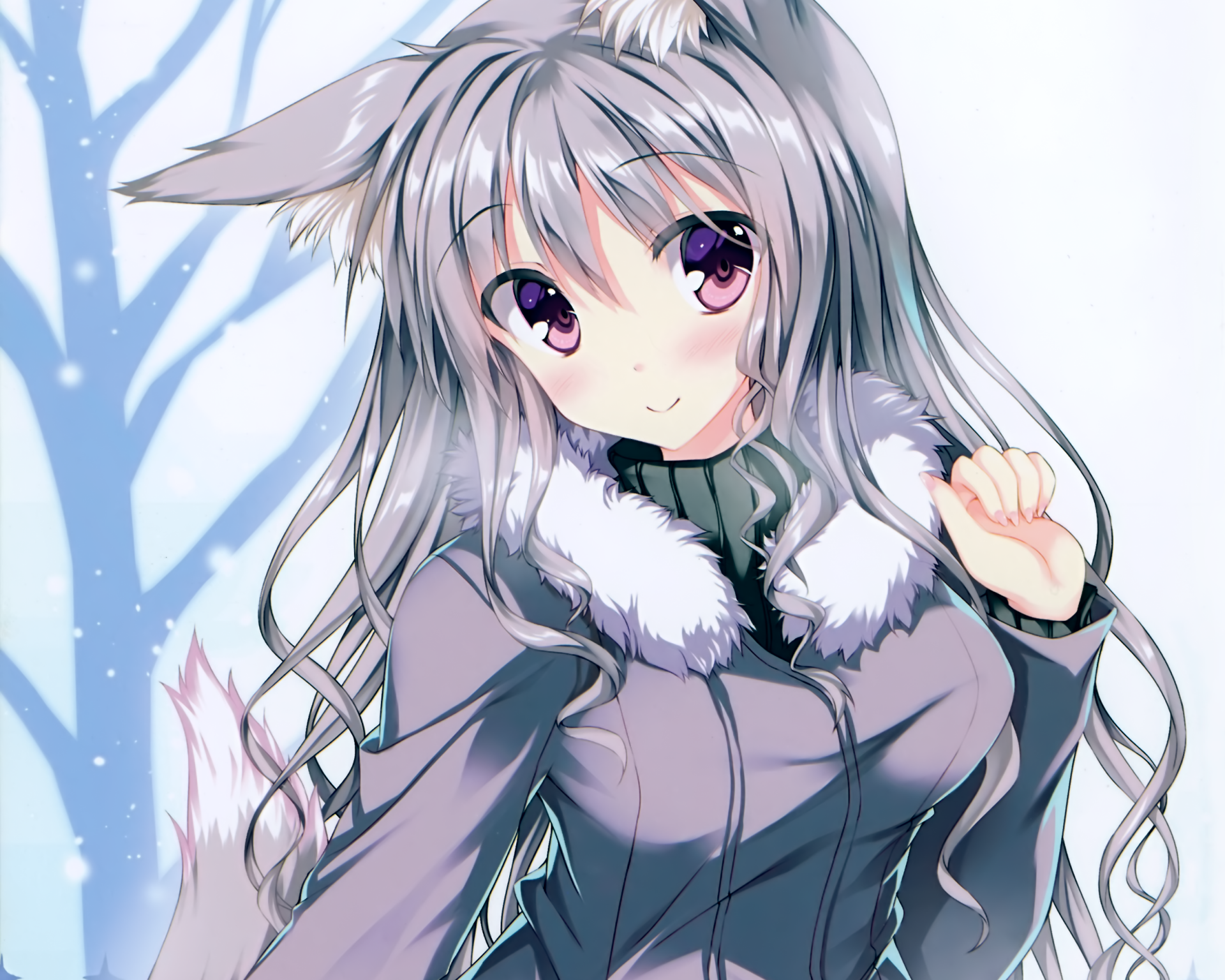 Anime girl with long white hair, purple eyes, and animal ears, wearing a cozy coat with fur lining, smiles warmly against a snowy background. Blush highlights her cheeks.