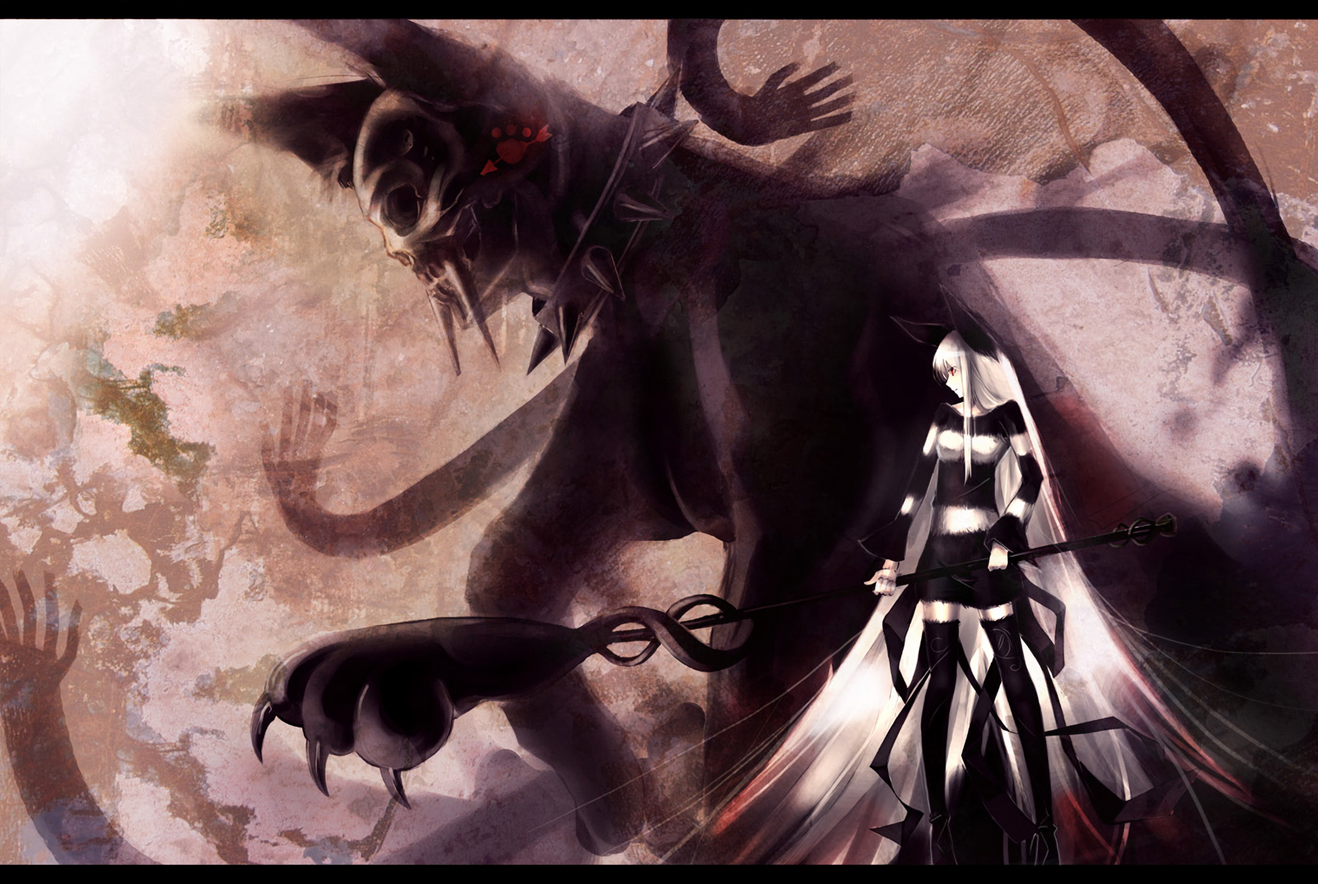 Anime-style HD PC desktop wallpaper featuring a mysterious figure with white hair facing a large, shadowy, monstrous creature in an original dark fantasy scene.