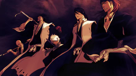 HD anime desktop wallpaper featuring Bleach characters Kenpachi Zaraki, Byakuya Kuchiki, Tōshirō Hitsugaya, Renji Abarai, and Ikkaku Madarame in a dramatic pose.