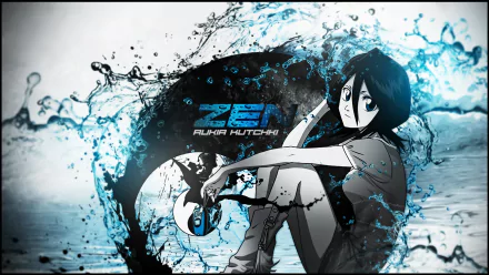 HD PC desktop wallpaper featuring Rukia Kuchiki from the anime Bleach, surrounded by dynamic blue and black water splash effects.