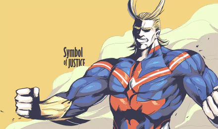 HD desktop wallpaper featuring All Might from the anime My Hero Academia, confidently striking a pose with the text Symbol of Justice beside him.
