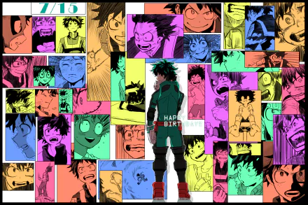 HD desktop wallpaper featuring Izuku Midoriya from the anime My Hero Academia, surrounded by multiple colorful panels showcasing various expressions and moments of the character.