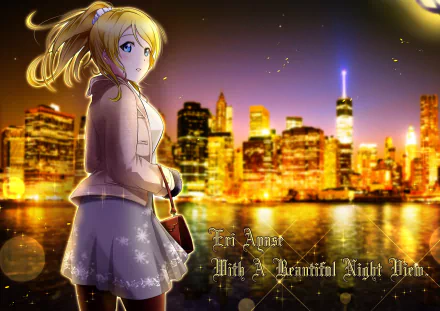 Eri Ayase (Love Live!) in an HD anime PC desktop wallpaper: she stands by a waterfront at night with a glowing golden city skyline.