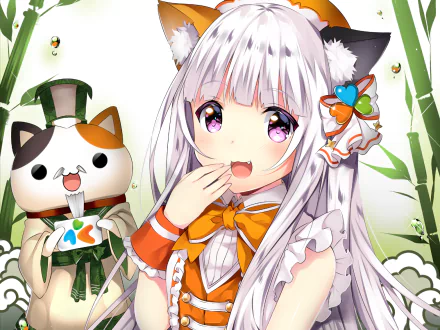 A cheerful anime character with white hair, purple eyes, and cat ears wears a vibrant yukata and bow, smiling beside a cute animal figure, set against a bamboo background.